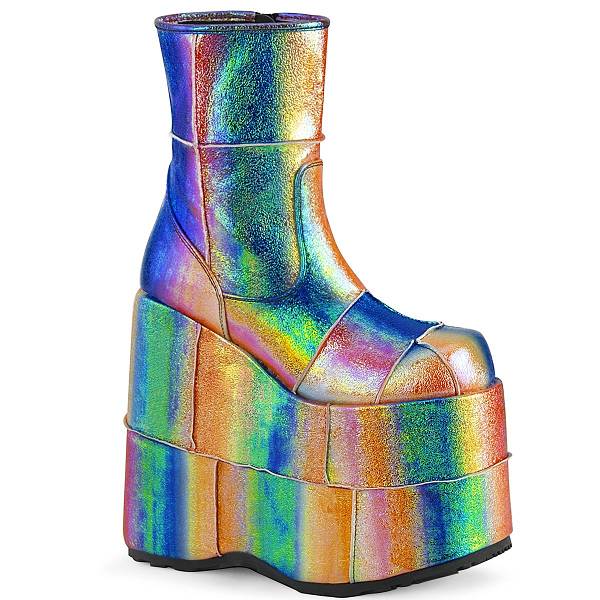 Demonia Men's Stack-201 Platform Boots - Rainbow Iridescent Vegan Leather D9851-70US Clearance